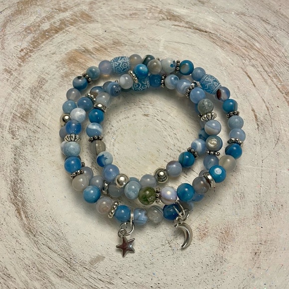 Moon & Star Charm Bracelet Set, 3, Blue agate gemstones, stretch, silver details - Picture 2 of 8